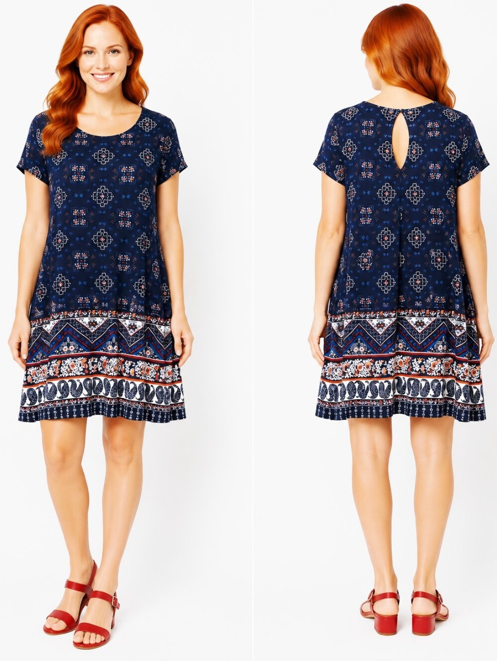 derek🤍heart Navy Mixed Print Mini- Dress with Keyhole Back, Size Medium